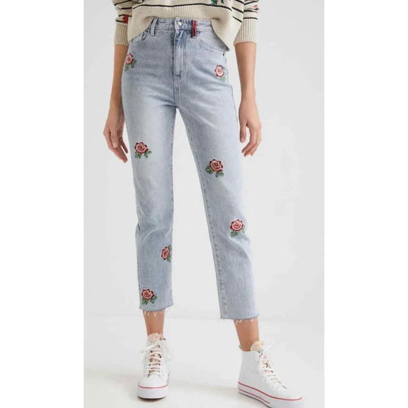 Desigual Womens Embroidered Flower Cropped Denim Jeans Light Blue Size 44 - Picture 2 of 16